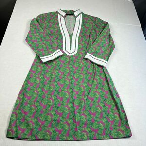 Lauren Gold Shift Dress 3/4 Sleeve Leaf Print V-Neck Preppy Resort Wear Size 2